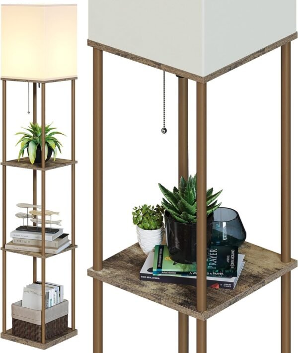 Floor Lamp with Shelves, Modern Square Standing Lamp with 3 Color Temperature Bulb, Corner Display Bookshelf Lamp for Living Room and Bedroom(Black)