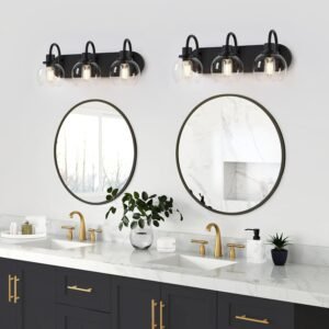 Bathroom Vanity Light,Modern 3-Light Bathroom Lighting Fixtures Over Mirror with Clear Glass Shade and Metal Base,Matte Black Bathroom Lighting