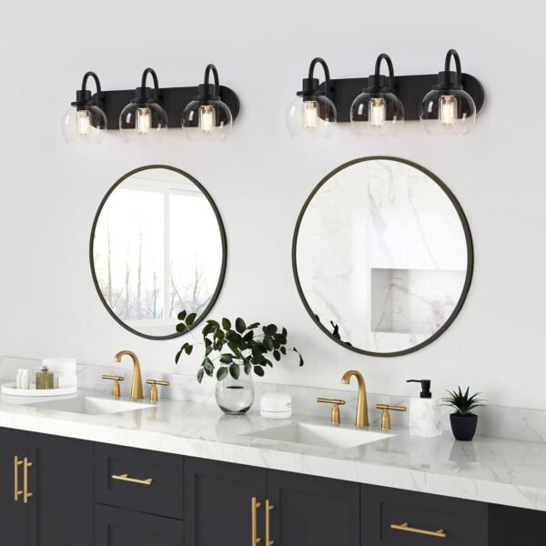 Bathroom Vanity Light,Modern 3-Light Bathroom Lighting Fixtures Over Mirror with Clear Glass Shade and Metal Base,Matte Black Bathroom Lighting