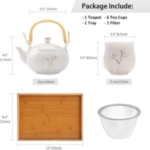 Japanese White Porcelain Tea Set with 1 Teapot Set, 6 Tea Cups, 1 Tea Tray, 1 Stainless Infuser, Cute Asian Tea Set for Tea Lover/Women/Men (Plum in Golden)