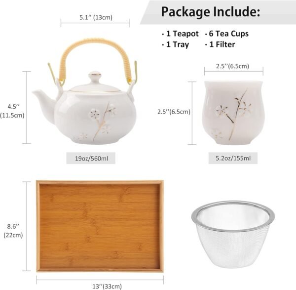 Japanese White Porcelain Tea Set with 1 Teapot Set, 6 Tea Cups, 1 Tea Tray, 1 Stainless Infuser, Cute Asian Tea Set for Tea Lover/Women/Men (Plum in Golden)