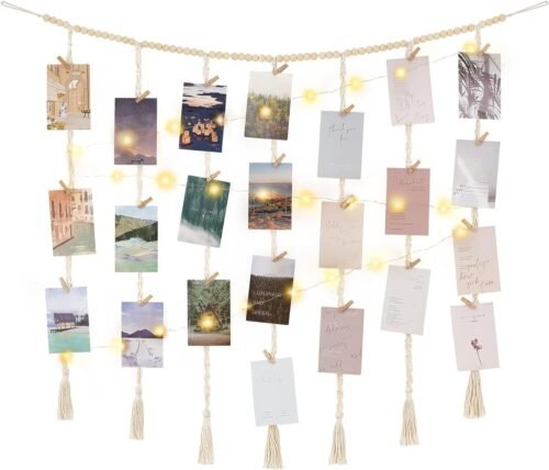 71NXFCK9bEL._AC_SL1500.jpg Macrame Hanging Photo Display Wall Decor with String Lights, Boho Wooden Beads Garland Collage Picture Card Frame Holder with 45 Clips for Bedroom Living Room Dorm, Teen Girl Teenage Gifts