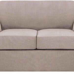H.VERSAILTEX 3 Piece Stretch Sofa Covers for 2 Cushion Sofa Couch Covers for Living Room Furniture Cover (Base Cover Plus 2 Seat Cushion Covers) Thicker Jacquard Fabric(Large Sofa, Grey)