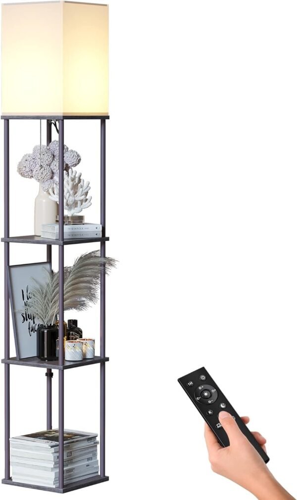 Floor Lamp with Shelves, Modern Square Standing Lamp with 3 Color Temperature Bulb, Corner Display Bookshelf Lamp for Living Room and Bedroom(Black)