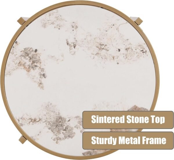 71OpQleDCAL._AC_SL1500.jpg Modern Round Sofa Side Table for Living Room, Gold Small Coffee Table with Sintered Stone Top, Metal Frame, Easy Upkeep and Install, 20.7" W High-Temperature End Table