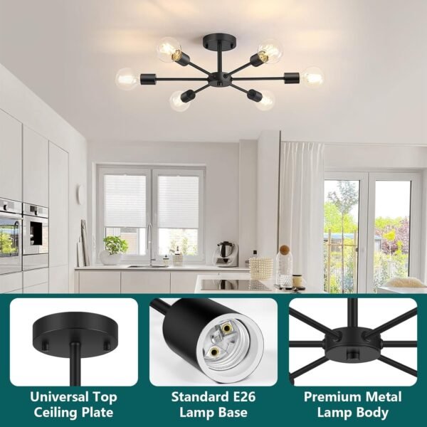 6-Lights Semi Flush Mount Ceiling Light, Matte Black Close to Ceiling Lighting with E26 Base, Modern Sputnik Light Fixtures for Kitchen Dining Room Bedroom Living Room