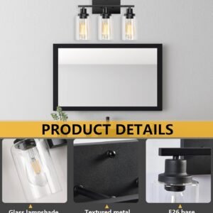 71OrOL3nASL._AC_SL1500.jpg Bathroom Light Fixtures, 3-Light Bathroom Vanity Light, Matte Black Vanity Light with Clear Glass Shade, Modern Bathroom Lights Over Mirror, Vanity Lighting Fixtures for Bathroom, Living Room, Hallway