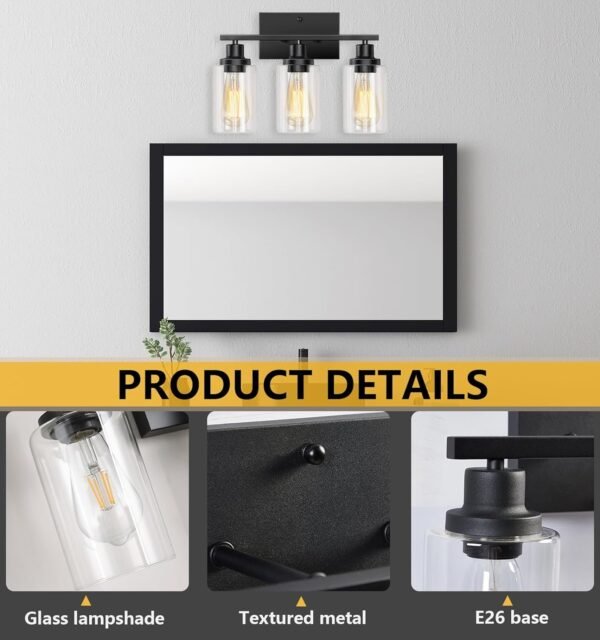 71OrOL3nASL._AC_SL1500.jpg Bathroom Light Fixtures, 3-Light Bathroom Vanity Light, Matte Black Vanity Light with Clear Glass Shade, Modern Bathroom Lights Over Mirror, Vanity Lighting Fixtures for Bathroom, Living Room, Hallway