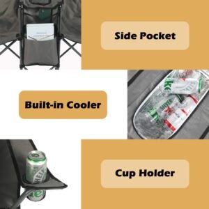 Double Folding Camping Chair W/Umbrella Fold Up Table Beverage Holder Carrying Bag Cooler for Patio Pool Park Outdoor Beach, Picnic, Portable (Grey)