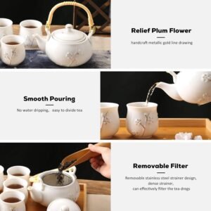 Japanese White Porcelain Tea Set with 1 Teapot Set, 6 Tea Cups, 1 Tea Tray, 1 Stainless Infuser, Cute Asian Tea Set for Tea Lover/Women/Men (Plum in Golden)