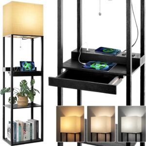 Floor Lamp with Shelves, Shelf Lamps with 3 Color Temperature LED Bulb,Storage Wood Texture Modern, Display Standing Lamp for Living Room,Office, Bedroom