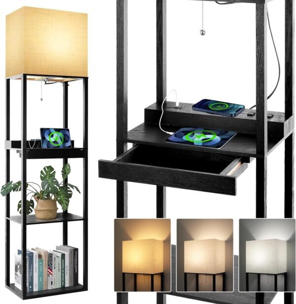 Floor Lamp with Shelves, Shelf Lamps with 3 Color Temperature LED Bulb,Storage Wood Texture Modern, Display Standing Lamp for Living Room,Office, Bedroom