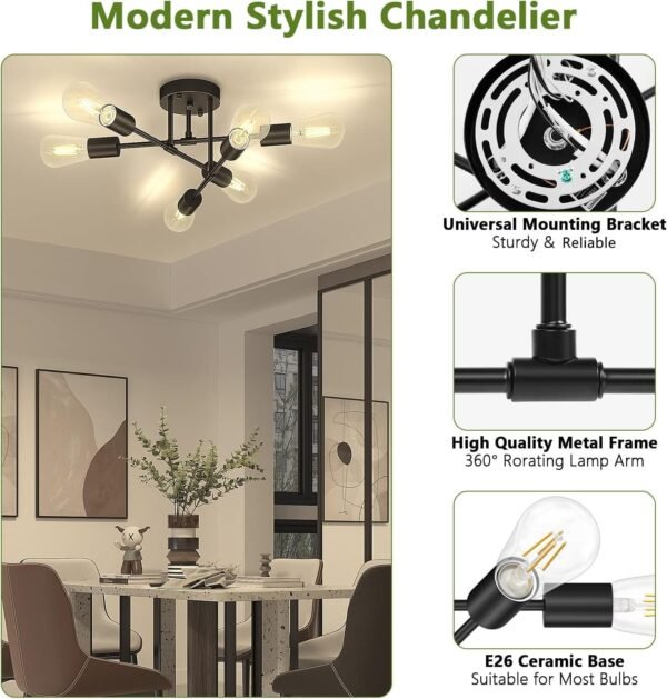 71RED0zSfwL._AC_SL1488.jpg Modern Semi Flush Mount Ceiling Light, 6-Lights Black Sputnik Chandelier for Bedroom Lighting, Industrial Kitchen Light Fixture Ceiling Mount for Dining Room Hallway Living Room, UL Listed
