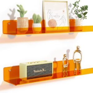 71ROOUj7hkL._AC_SL1500.jpg 4 Pack Acrylic Shelves for Wall Storage, 15" Floating Bookshelves for Kids, Display Shelf Organizer for Bathroom, Bedroom, Living Room, Kitchen, Room Decor, Clear