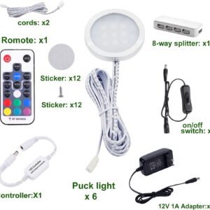 RGB Color Changing LED Under Cabinet Lights Kit Aluminum Slim Puck Lamps for Kitchen Counter Wardrobe Counter Furniture Ambiance Christmas Decor Lighting (6 Lights)