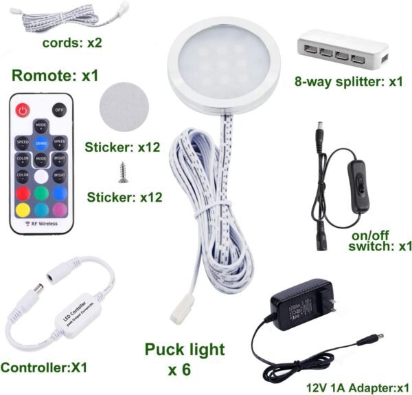 RGB Color Changing LED Under Cabinet Lights Kit Aluminum Slim Puck Lamps for Kitchen Counter Wardrobe Counter Furniture Ambiance Christmas Decor Lighting (6 Lights)