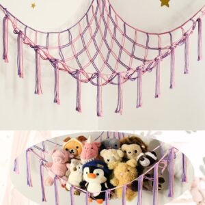 Large Stuffed Animal Hammock Corner Net for Toys Storage Hanging Stuff Animal Organizer Holder Pink Girls Living Room Bedroom Boho Nursery Dorm Decor