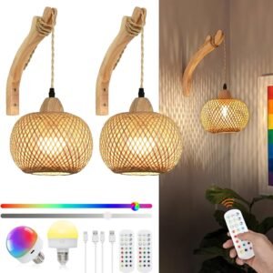 71SYV5A8AML._AC_SL1500.jpg Bamboo Lantern Plug in Wall Sconces Wicker Wall Lamp with Plug in Cord Hand Woven Rattan Wall Light Farmhouse Rustic Wall Sconces Boho Sconces Wall Lighting for Living Room Bedroom