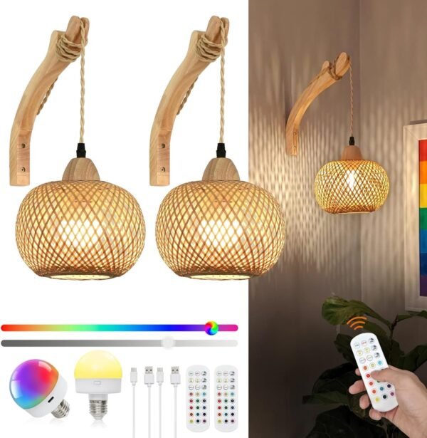 71SYV5A8AML._AC_SL1500.jpg Bamboo Lantern Plug in Wall Sconces Wicker Wall Lamp with Plug in Cord Hand Woven Rattan Wall Light Farmhouse Rustic Wall Sconces Boho Sconces Wall Lighting for Living Room Bedroom