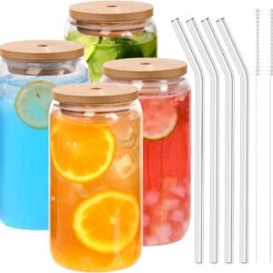 71T9wOlTpGL._AC_SL1500.jpg 12pcs Glass Cups with Bamboo Lids and Glass Straws Set-16oz Can Shaped Drinking Glasses, Beer Glasses, Iced Coffee Glasses, Cute Tumbler Cup, Ideal for Whiskey,Cocktail,Wine,Gift-2 Cleaning Brushes
