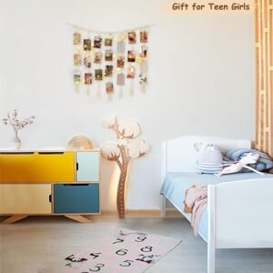 Macrame Hanging Photo Display Wall Decor with String Lights, Boho Wooden Beads Garland Collage Picture Card Frame Holder with 45 Clips for Bedroom Living Room Dorm, Teen Girl Teenage Gifts