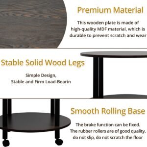 JIFULI Coffee Table with Rolling Base,Black Wooden End Table for Couch,2-Tier Coffee Tables for Living Room,Round