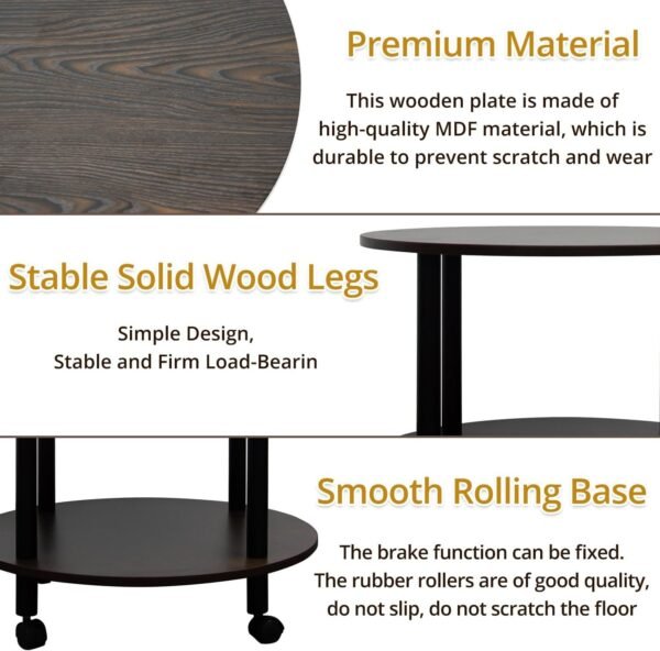 JIFULI Coffee Table with Rolling Base,Black Wooden End Table for Couch,2-Tier Coffee Tables for Living Room,Round