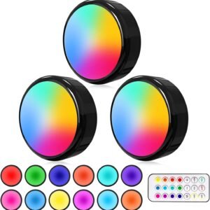 Puck Lights with Remote, 6 Pack LED Under Cabinet Lighting Dimmable Push Lights Battery Operated Under Counter Tap Lights for Kitchen, Multicolor Transformation Stick On Lights, Shiny Black