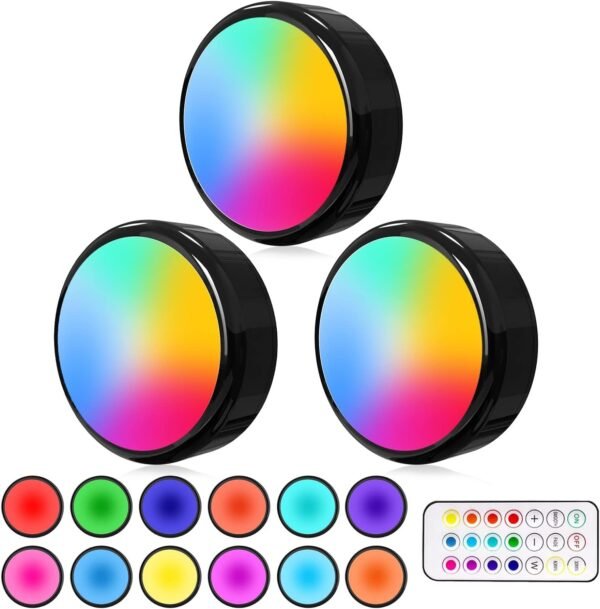 Puck Lights with Remote, 6 Pack LED Under Cabinet Lighting Dimmable Push Lights Battery Operated Under Counter Tap Lights for Kitchen, Multicolor Transformation Stick On Lights, Shiny Black