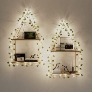 71Um9upIeYL._AC_SL1200.jpg Artificial Ivy LED-Strip Wall Hanging Shelves Set of 2, Macrame Shelf for Bedroom Bathroom Living Room Kitchen, Wood Hanging Plant Shelves for Wall Décor