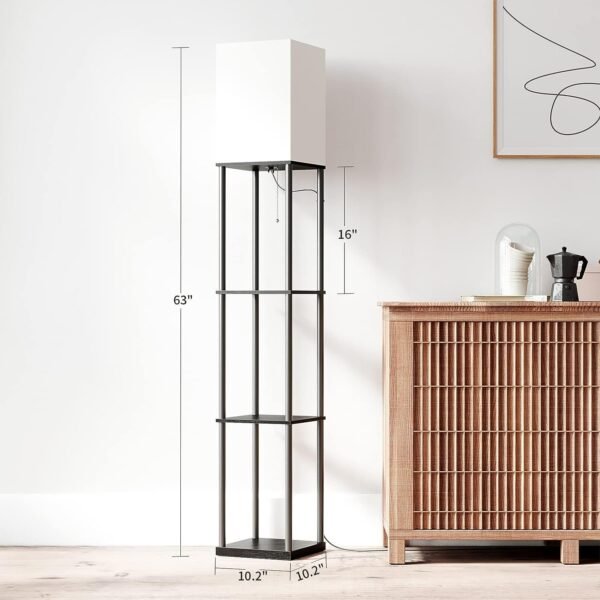 Floor Lamp with Shelves, Modern Square Standing Lamp with 3 Color Temperature Bulb, Corner Display Bookshelf Lamp for Living Room and Bedroom(Black)