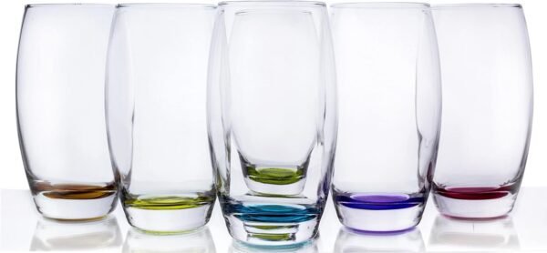 Large 16 oz Multicolored Drinking Glass Set of 6 for Water, Beverage, Cocktail, Mixed Drinks