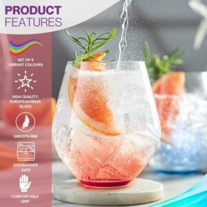 Premium Stemless Wine Glass | Handmade In Europe | 18oz Colored Stemless Crystal Wine Glasses set 6