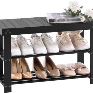 Bamboo Shoe Rack for Entryway, 3-Tier Shoe Rack Bench for Front Indoor Entrance, Small Shoe Organizer with Storage, 35.4 Inches, Black