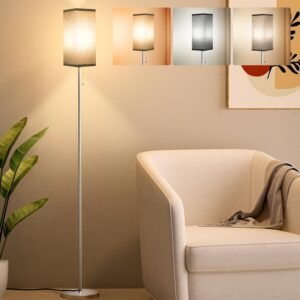 Tall Floor Lamp with Linen Shade - 3 Color Temperature, Black, LED Bulbs, Pull Chain Switch, Easy Assembly