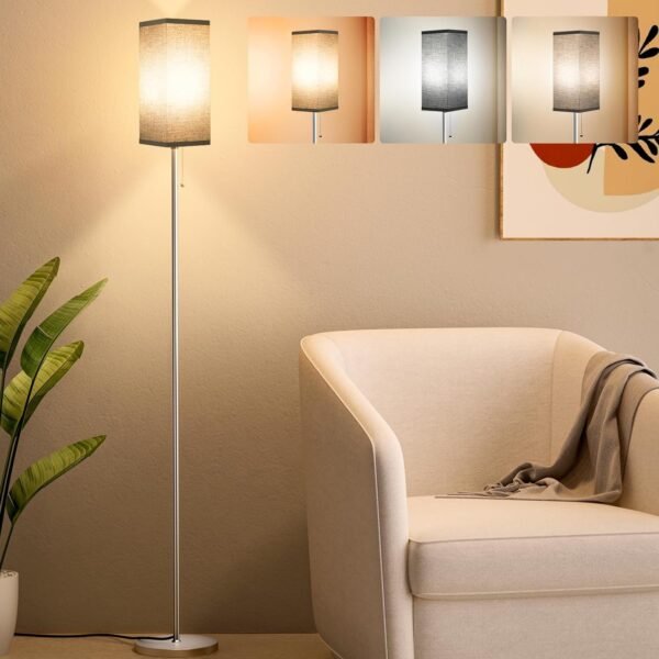 Tall Floor Lamp with Linen Shade - 3 Color Temperature, Black, LED Bulbs, Pull Chain Switch, Easy Assembly
