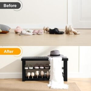 Bamboo Shoe Rack for Entryway, 3-Tier Shoe Rack Bench for Front Indoor Entrance, Small Shoe Organizer with Storage, 35.4 Inches, Black