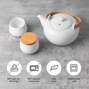 20oz Ceramic Teapot with 4 Teacup, Japanese Style Porcelain Tea Pot, Loose Leaf and Blooming Tea Maker Tea Caddy Cups Pottery Tea Sets with Bentwood Handle for Women Gift (Gloss White)