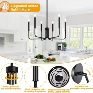Black Chandelier, 6-Light Farmhouse Chandelier for Dining Room Lighting Fixtures Hanging, Dining Light Fixtures Industrial Modern Chandelier for Bedroom, Foyer, Hall, Kitchen, Living Room and Entryway