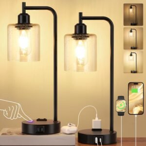 Industrial Touch Table Lamps for Bedrooms Set of 2 - 3-Way Dimmable Nightstand Lamps with USB C+A Ports and Outlet, Black Bedside Lamps with Glass Shade for Living Room, Desk Lamps for Home Office