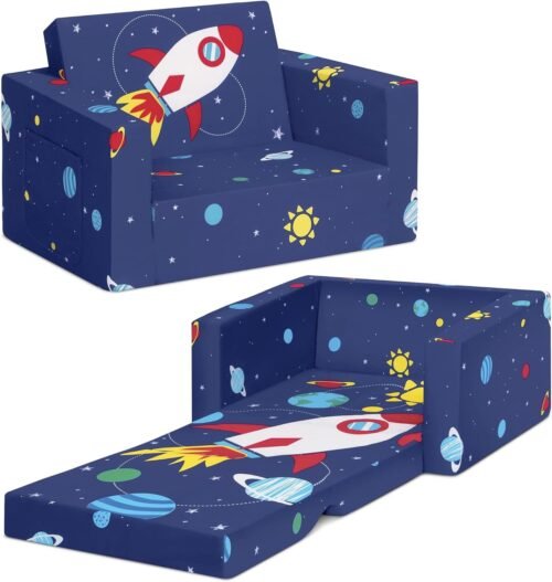 Delta Children Cozee 2-in-1 Convertible Sofa to Lounger - Comfy Flip Open Couch/Sleeper for Kids, Space