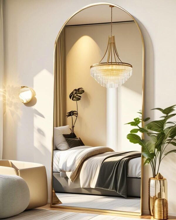 Floor Mirror, 58"×18" Arched Full Length Mirror with Stand, Standing Mirror, Full Body Mirror, Large Mirror, Arched Wall Mirror, Freestanding, Aluminum Frame - Gold