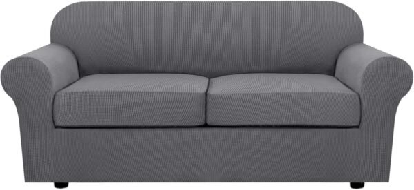 H.VERSAILTEX 3 Piece Stretch Sofa Covers for 2 Cushion Sofa Couch Covers for Living Room Furniture Cover (Base Cover Plus 2 Seat Cushion Covers) Thicker Jacquard Fabric(Large Sofa, Grey)
