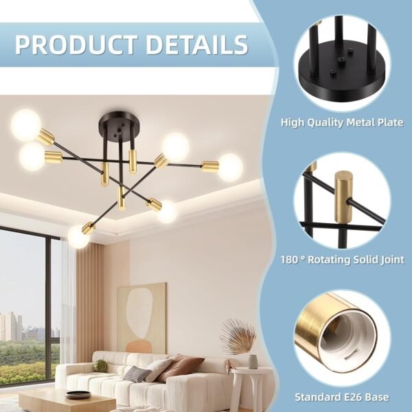 Modern Sputnik Chandelier, 6-Light Black Gold Ceiling Light Fixture, Industrial Sputnik Lights Fixture for Bedroom, Living Room, Dining Room, Kitchen, Hallway, E26 Base, Bulbs Not Included