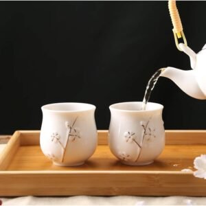 Japanese White Porcelain Tea Set with 1 Teapot Set, 6 Tea Cups, 1 Tea Tray, 1 Stainless Infuser, Cute Asian Tea Set for Tea Lover/Women/Men (Plum in Golden)