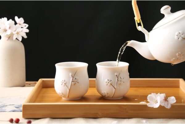 Japanese White Porcelain Tea Set with 1 Teapot Set, 6 Tea Cups, 1 Tea Tray, 1 Stainless Infuser, Cute Asian Tea Set for Tea Lover/Women/Men (Plum in Golden)