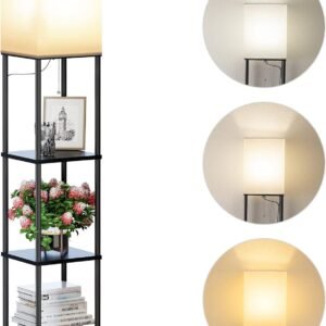 Floor Lamp with Shelves, Modern Square Standing Lamp with 3 Color Temperature Bulb, Corner Display Bookshelf Lamp for Living Room and Bedroom(Black)
