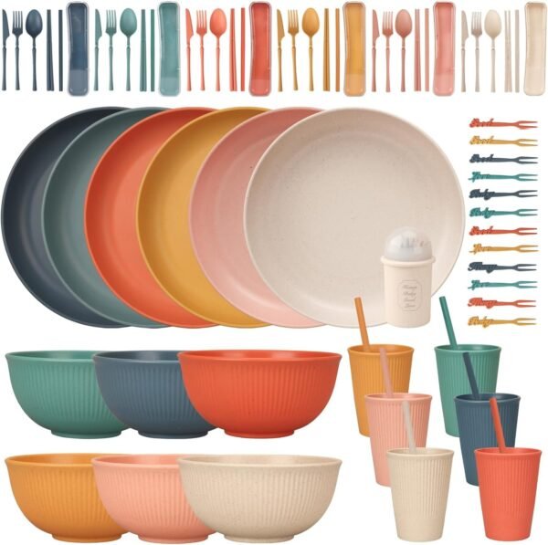 48 Pcs Dinnerware Sets, Unbreakable Plates and Bowls Sets, Reusable Dinnerware Sets for 4 People, Travel Camping Picnic Home Party Cutlery Set, Dishwasher Microwave Safe Dishes