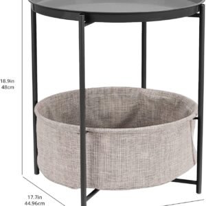 Round Storage End Table, Side Table with Cloth Basket, Charcoal/Heather Gray, 17.7 x 17.7 x 18.9 in
