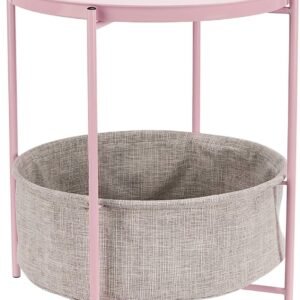 Round Storage End Table, Side Table with Cloth Basket, Charcoal/Heather Gray, 17.7 x 17.7 x 18.9 in